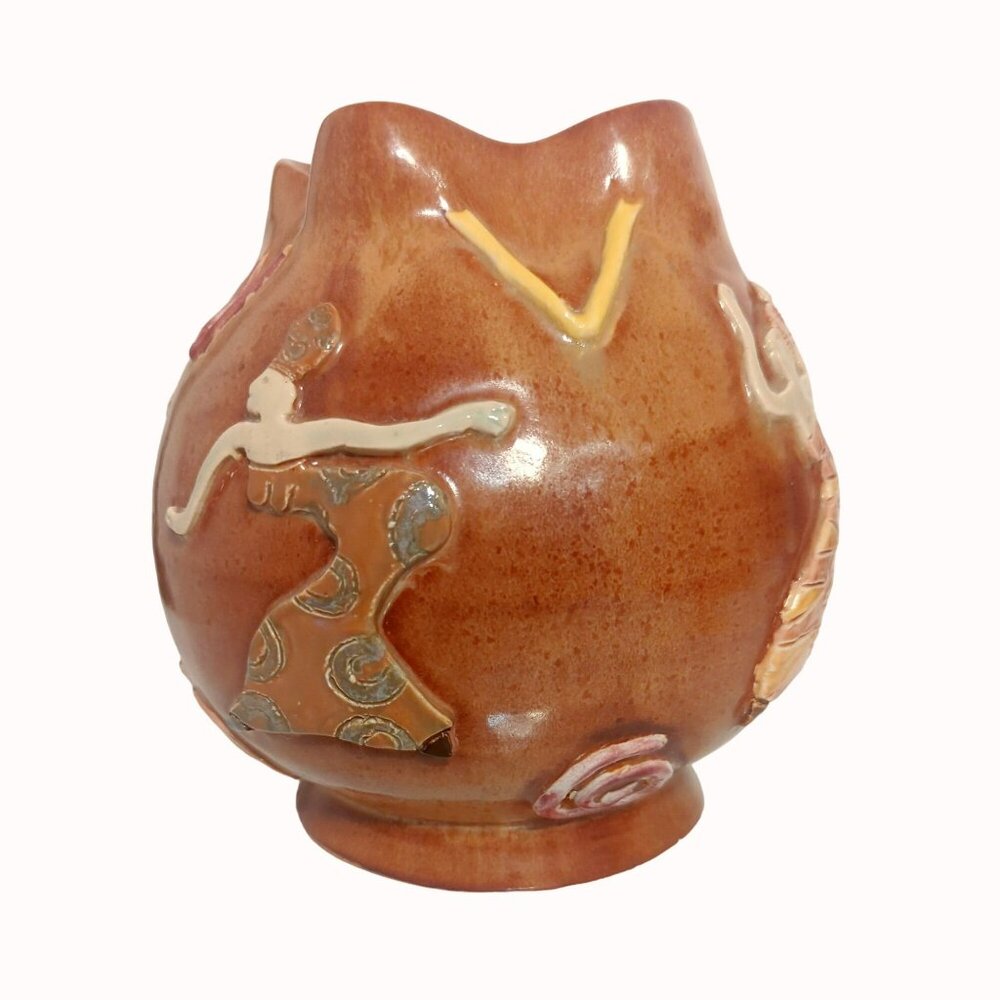 Vintage Studio Folk Art Pottery Stoneware Vase African Women Dancing Signed Conn